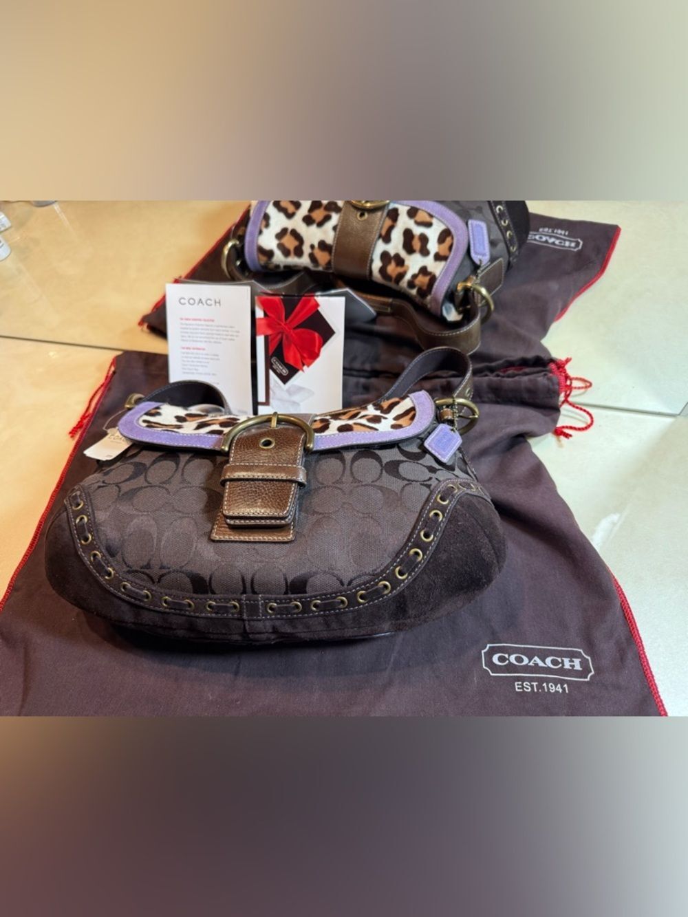 COACH NWT Extremely Rare Vintage Soho Leopard Calf Hair&Brown Signature Handbag - Picture 6 of 15